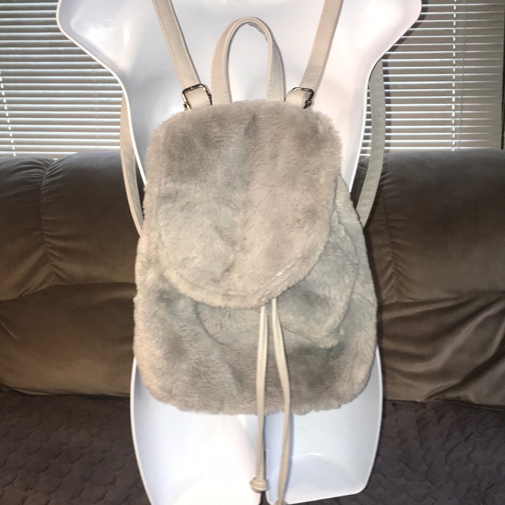 Grey fuzzy backpack purse
